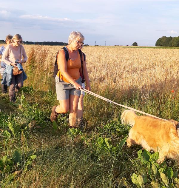 We wandelen via kleine veld en bospaden