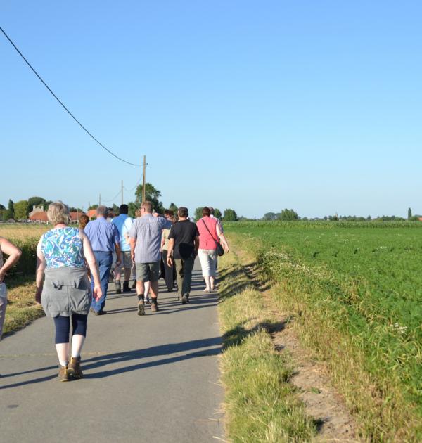 Wandelaars door de velden.